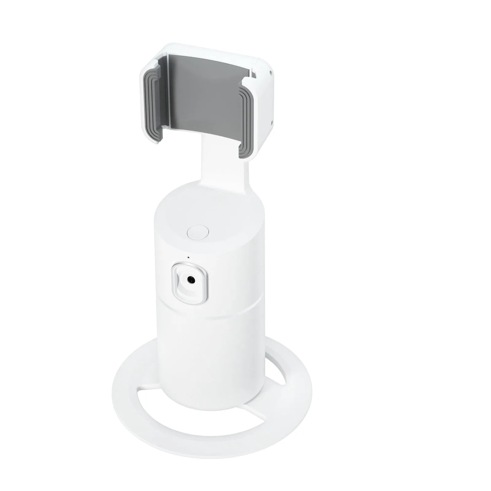 Smartphone attached to a black tracking gimbal stabiliser showing rotational movement.
