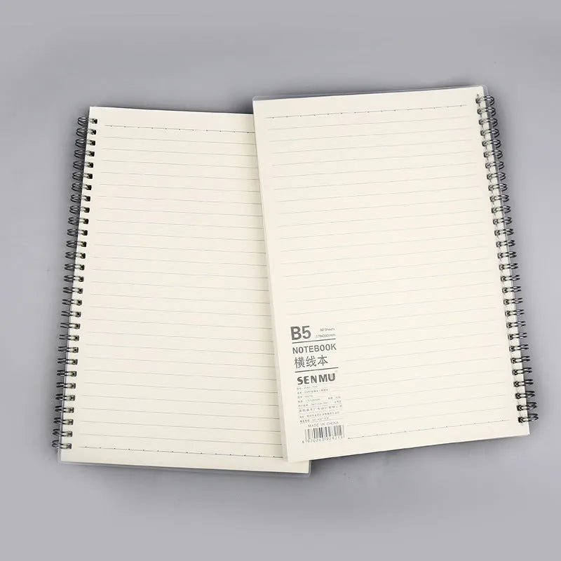 Creative coil notebook open showing grid pages, available in A5, B5, and A6 sizes