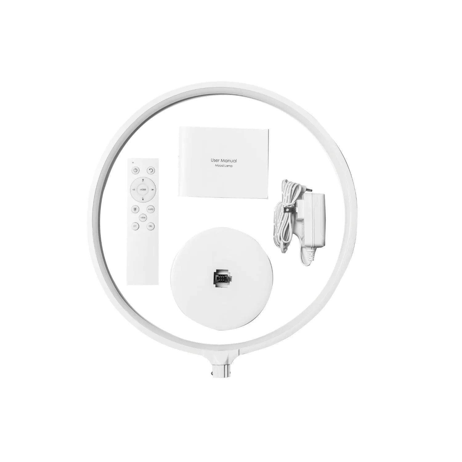 White Full Moon table lamp with remote control on a wooden surface, showing its round silicone diffuser and aluminium base.
