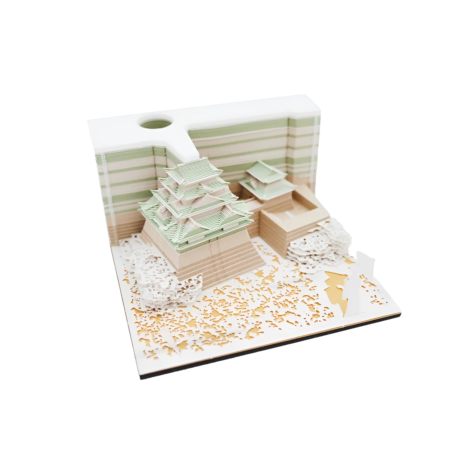 3D paper model kit of the Tianshou Tower from Spirited Away with laser-cut components in gold, pink, or white