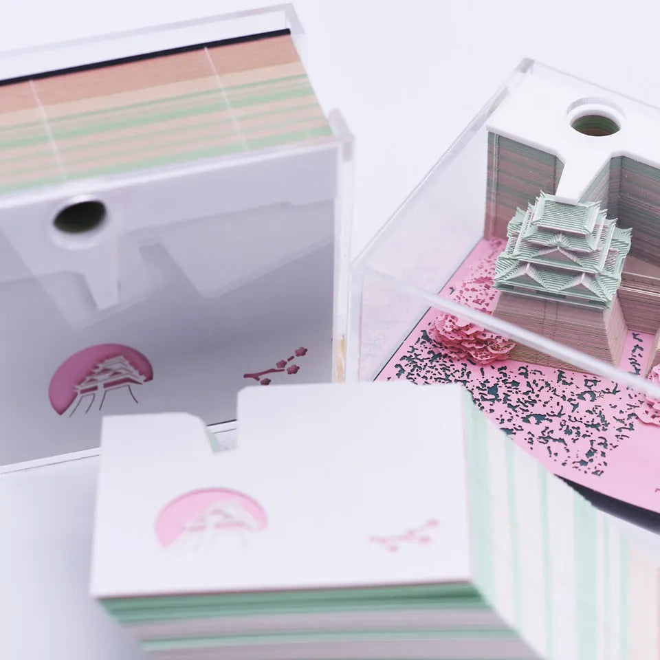 3D paper model kit of the Tianshou Tower from Spirited Away with laser-cut components in gold, pink, or white