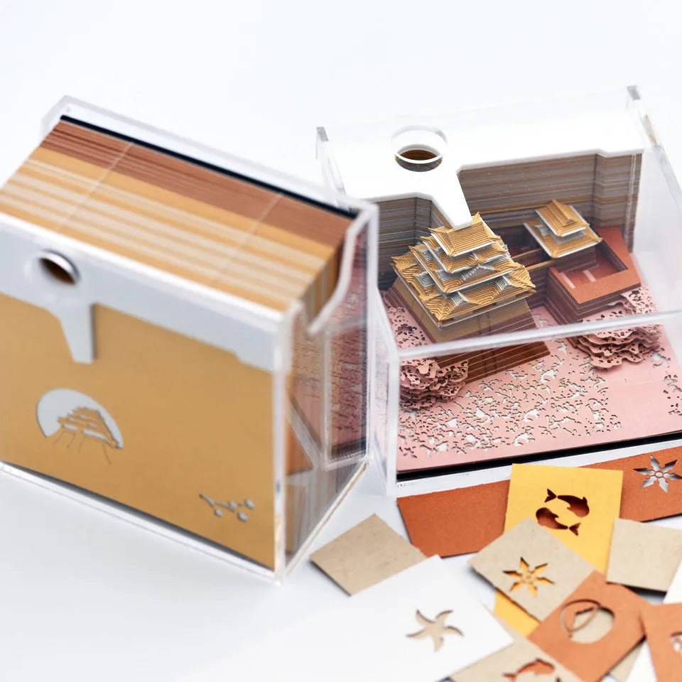 3D paper model kit of the Tianshou Tower from Spirited Away with laser-cut components in gold, pink, or white