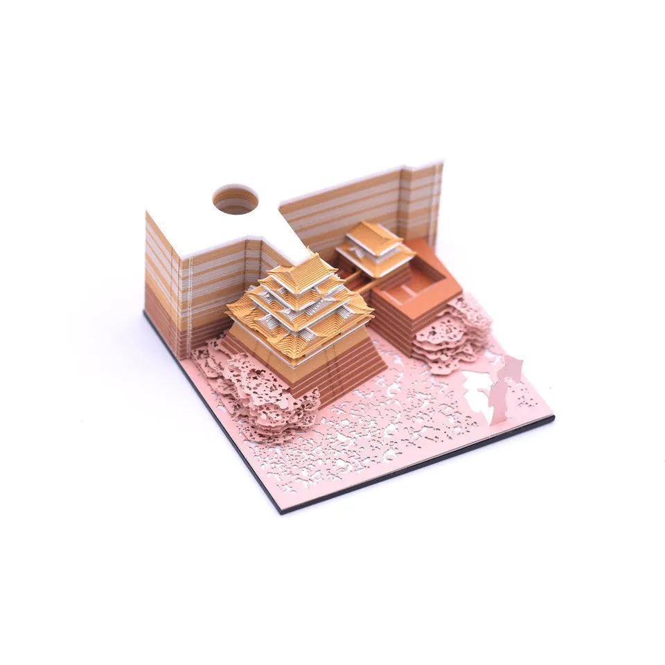 3D paper model kit of the Tianshou Tower from Spirited Away with laser-cut components in gold, pink, or white