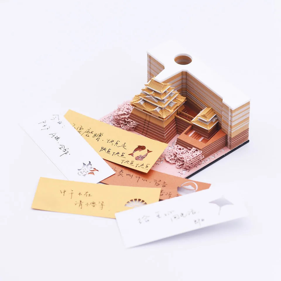 3D paper model kit of the Tianshou Tower from Spirited Away with laser-cut components in gold, pink, or white
