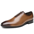 Pair of men's leather business shoes with rubber sole, small round toe, low upper, in black or brown, sizes 39-45.