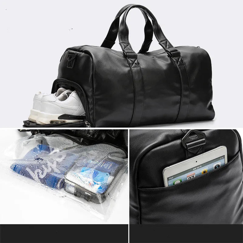 Black large capacity PU leather sports bag showing zipper opening and single shoulder strap.