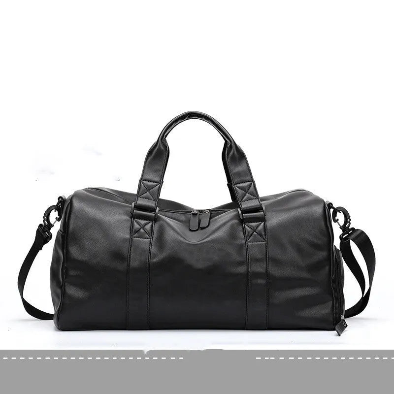 Black large capacity PU leather sports bag showing zipper opening and single shoulder strap.