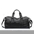 Black large capacity PU leather sports bag showing zipper opening and single shoulder strap.