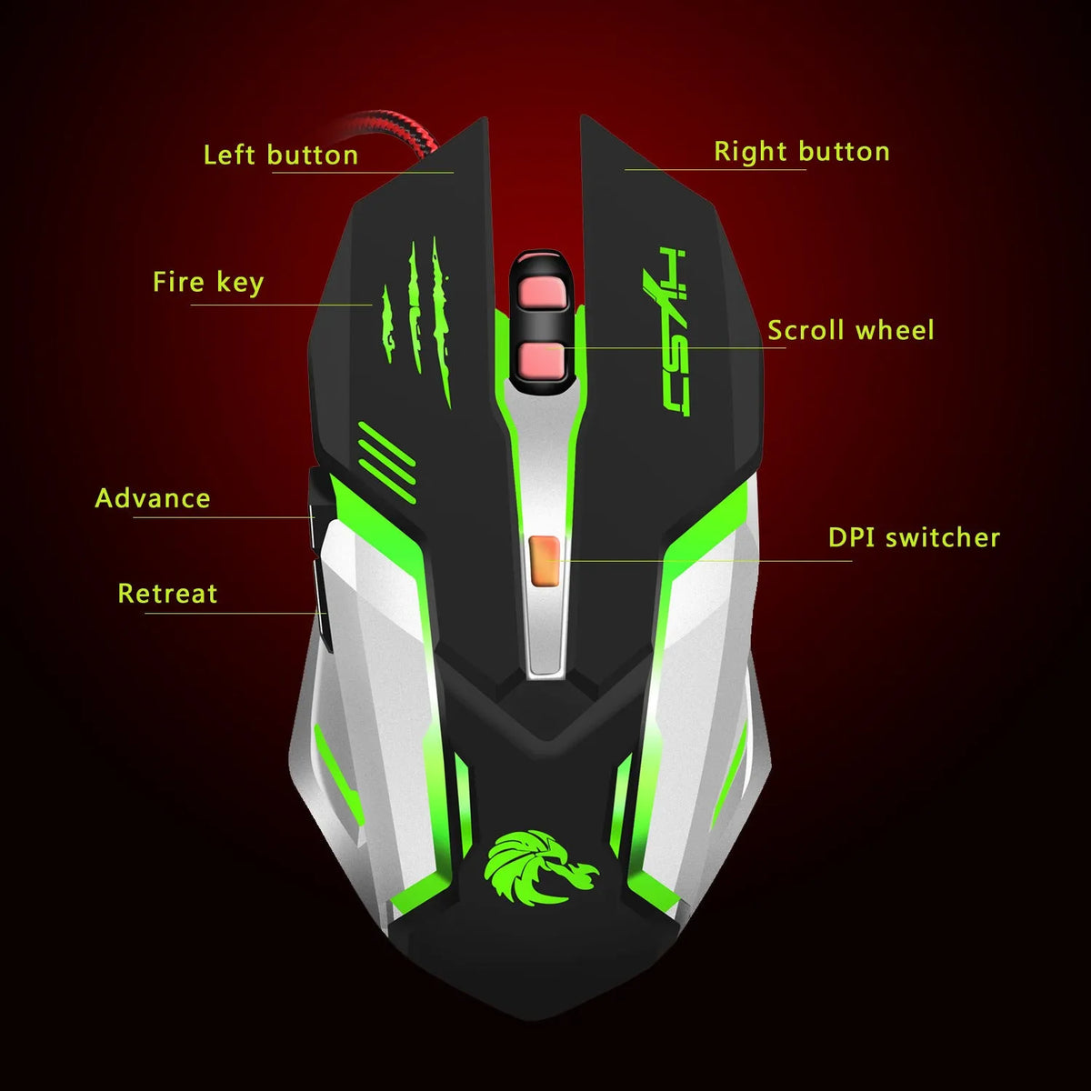 Wired USB optical gaming mouse, matte black, 5500 dpi, six keys, four-way wheel, 13.45 x 7.15 x 4.5cm