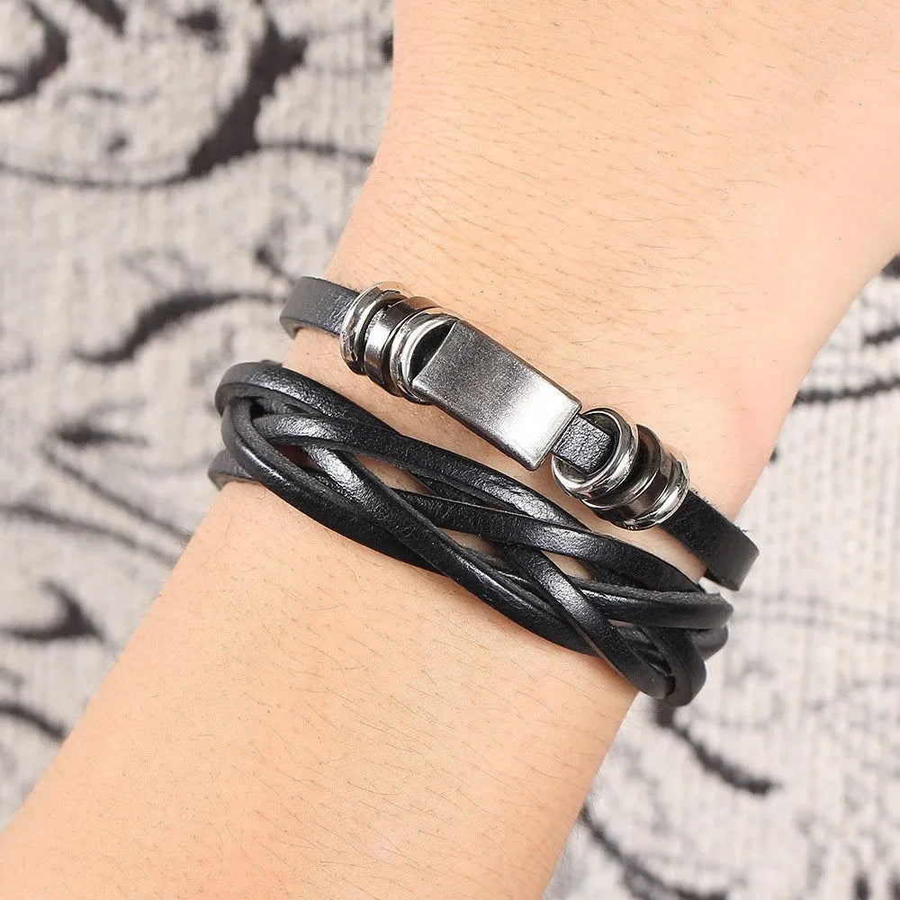 Men's braided leather rope wristband bracelet in brown, multilayer casual style