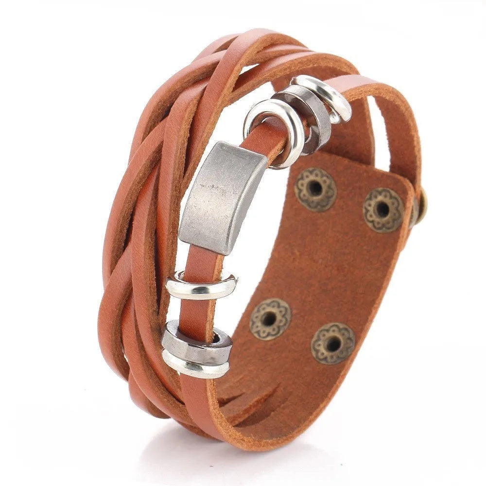Men's braided leather rope wristband bracelet in brown, multilayer casual style