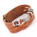 Men's braided leather rope wristband bracelet in brown, multilayer casual style