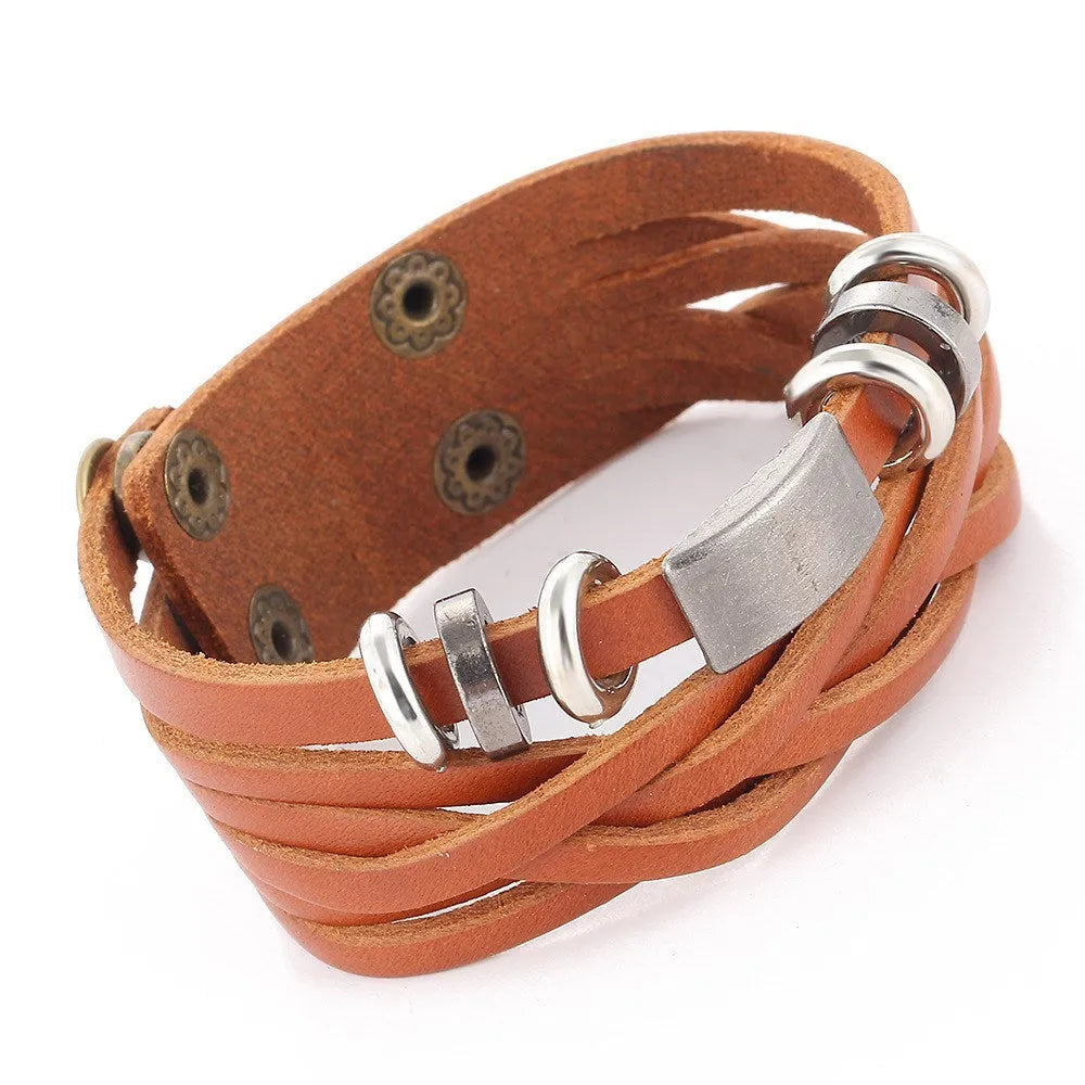 Men's braided leather rope wristband bracelet in brown, multilayer casual style
