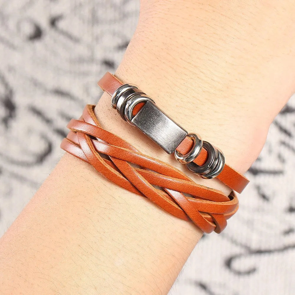 Men's braided leather rope wristband bracelet in brown, multilayer casual style