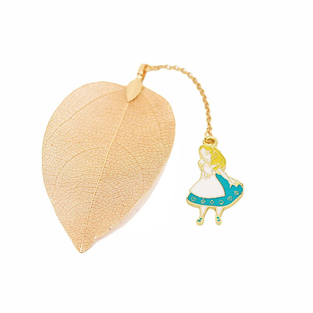 Three decorative alloy bookmarks featuring Alice, rabbit and clock designs on a leaf-shaped base
