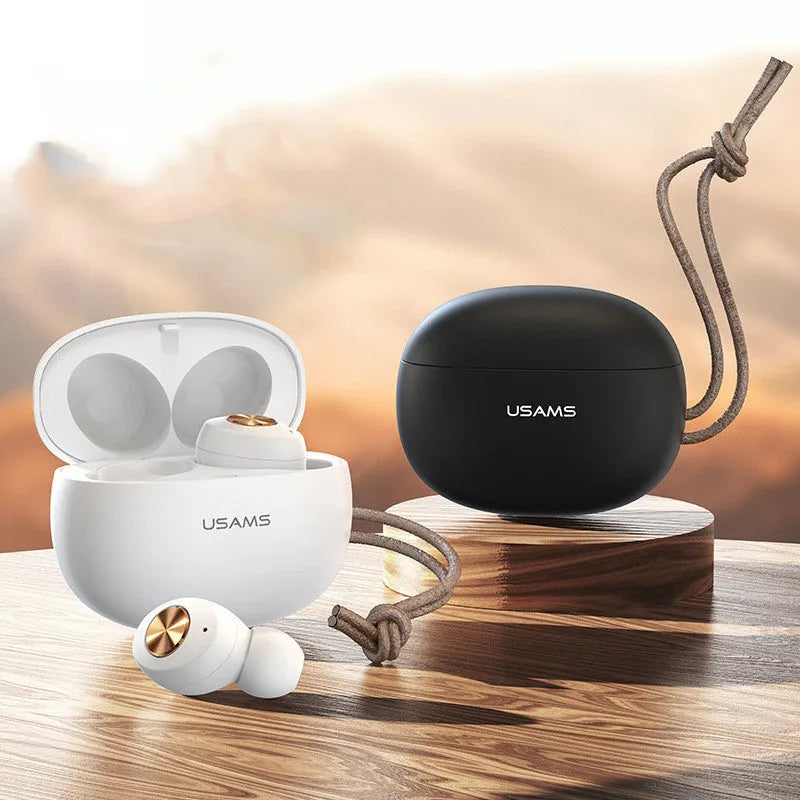 Wireless Bluetooth Mini TWS earbuds in black, white, and dark green with their compact charging case.