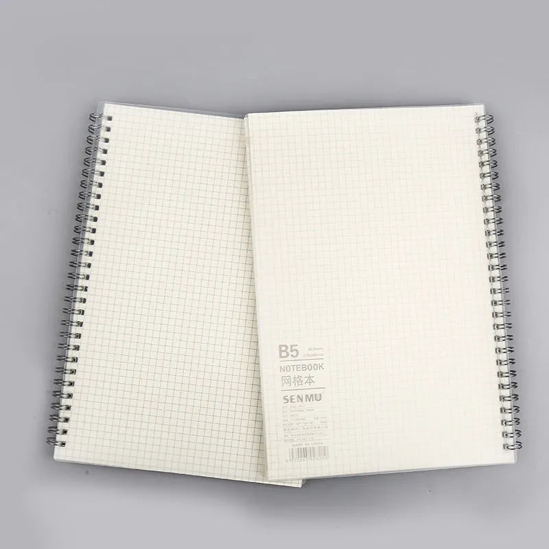 Creative coil notebook open showing grid pages, available in A5, B5, and A6 sizes