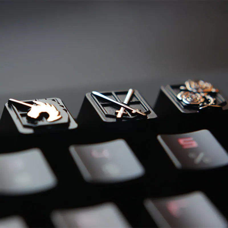 Gold embossed zinc-aluminum alloy metal keycap, R4 height, 18x18x11mm, for MX axis mechanical keyboard, with tinplate box and key puller.