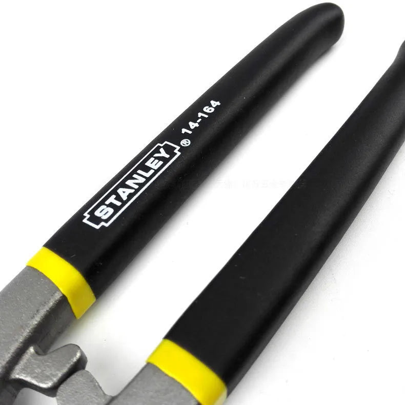 Yellow-handled high-carbon steel barbed wire shears 200mm long on a workbench