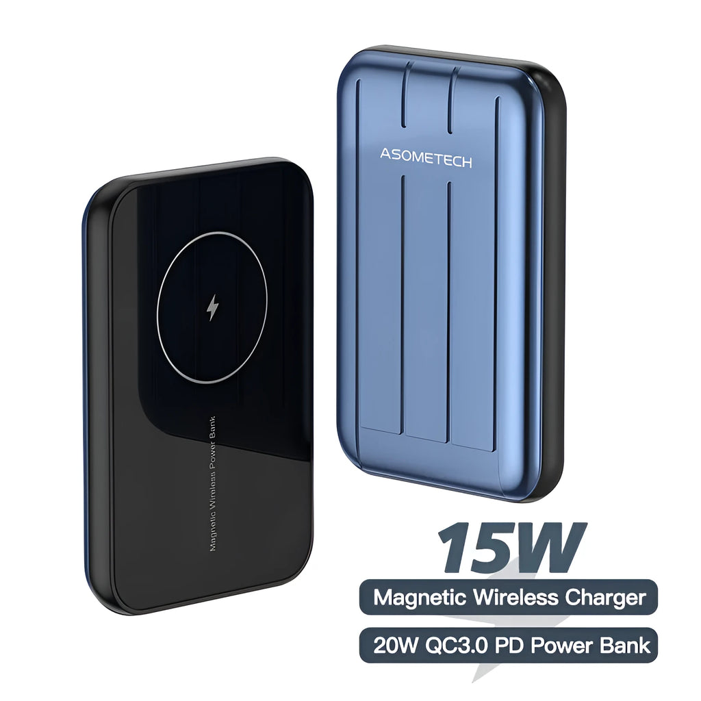 Blue magnetic wireless power bank attached to an iPhone 12, showing its portable design.