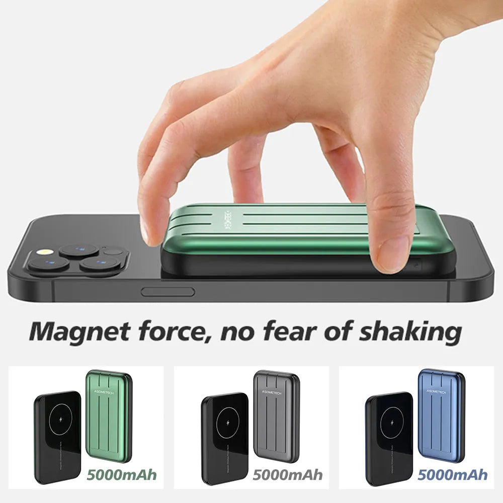 Blue magnetic wireless power bank attached to an iPhone 12, showing its portable design.