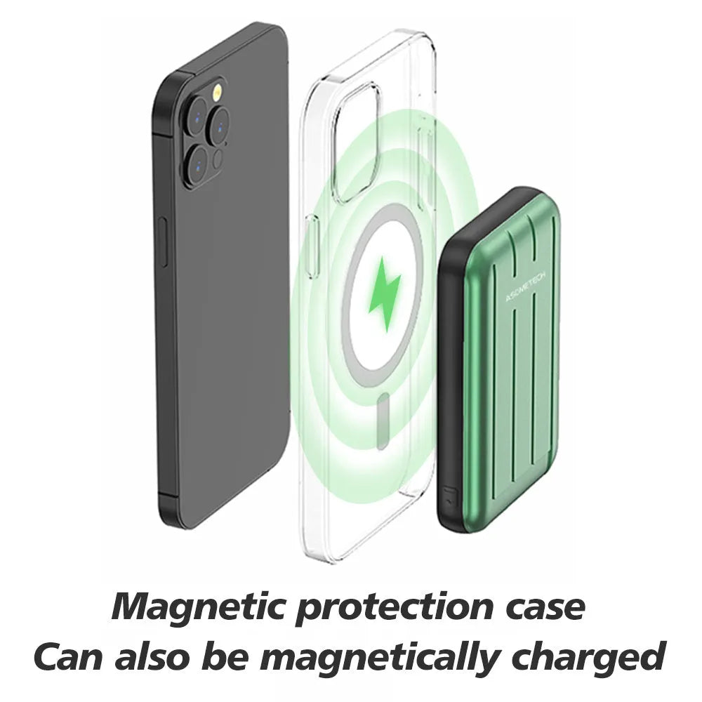 Blue magnetic wireless power bank attached to an iPhone 12, showing its portable design.