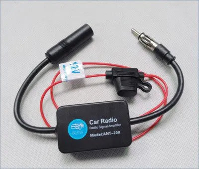 Fourth-generation 12V car radio FM antenna signal amplifier with metal cover or metal box and magnetic ring options.