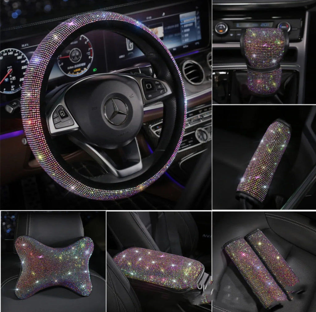 Car gear set with diamond-studded hot drilling handbrake cover and gear grip decoration