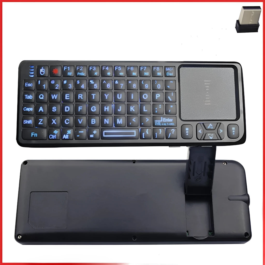 Black laser teaching mini keyboard with integrated touch screen and optical mouse, shown with USB wireless receiver.