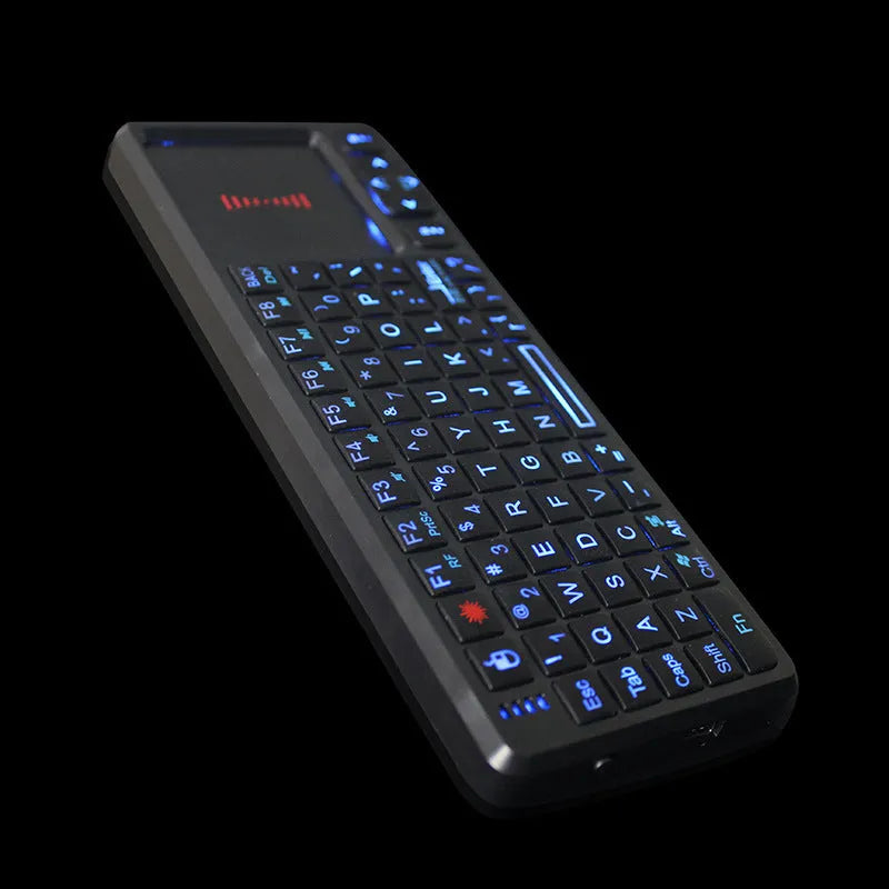Black laser teaching mini keyboard with integrated touch screen and optical mouse, shown with USB wireless receiver.