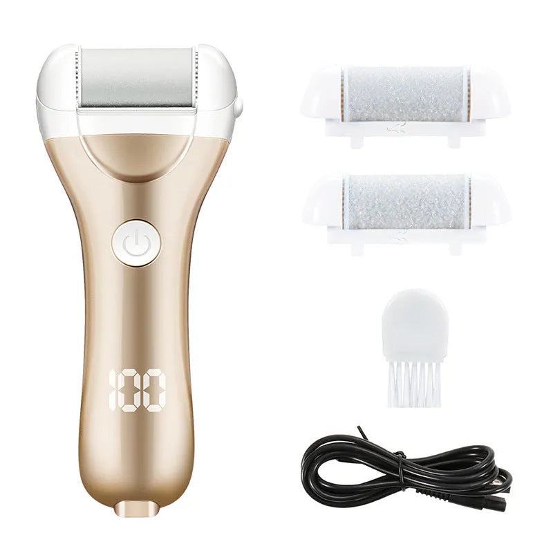 Charged electric foot file with three interchangeable heads in golden, green, and pink colour options