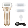 Charged electric foot file with three interchangeable heads in golden, green, and pink colour options