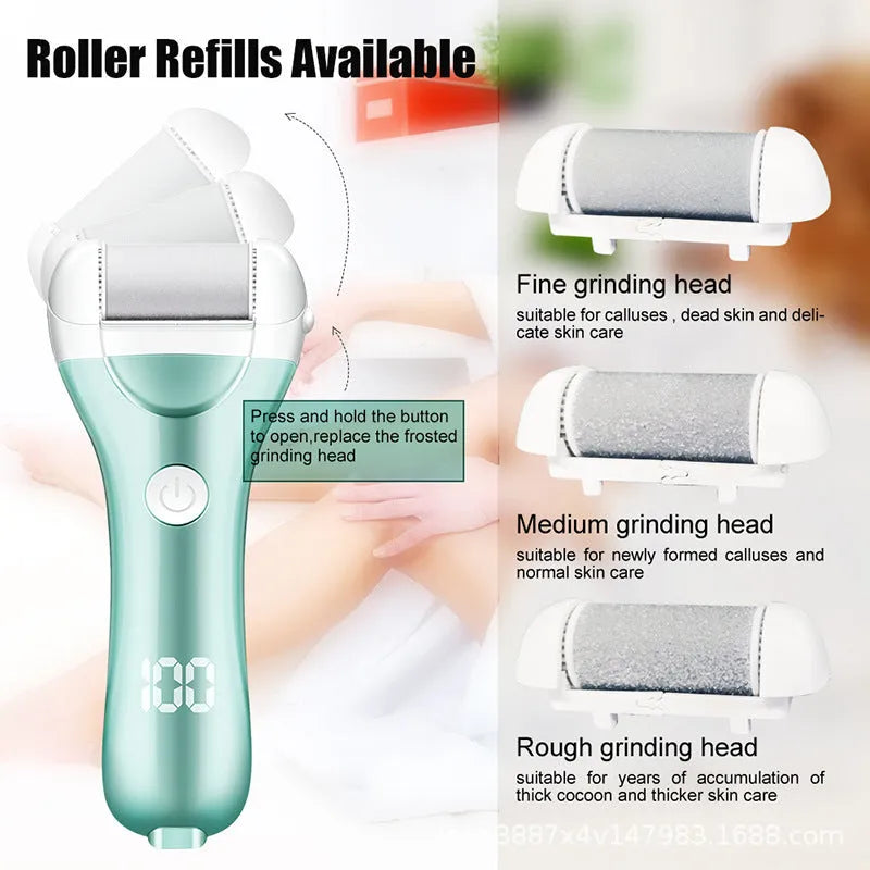 Charged electric foot file with three interchangeable heads in golden, green, and pink colour options