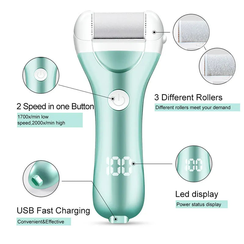 Charged electric foot file with three interchangeable heads in golden, green, and pink colour options