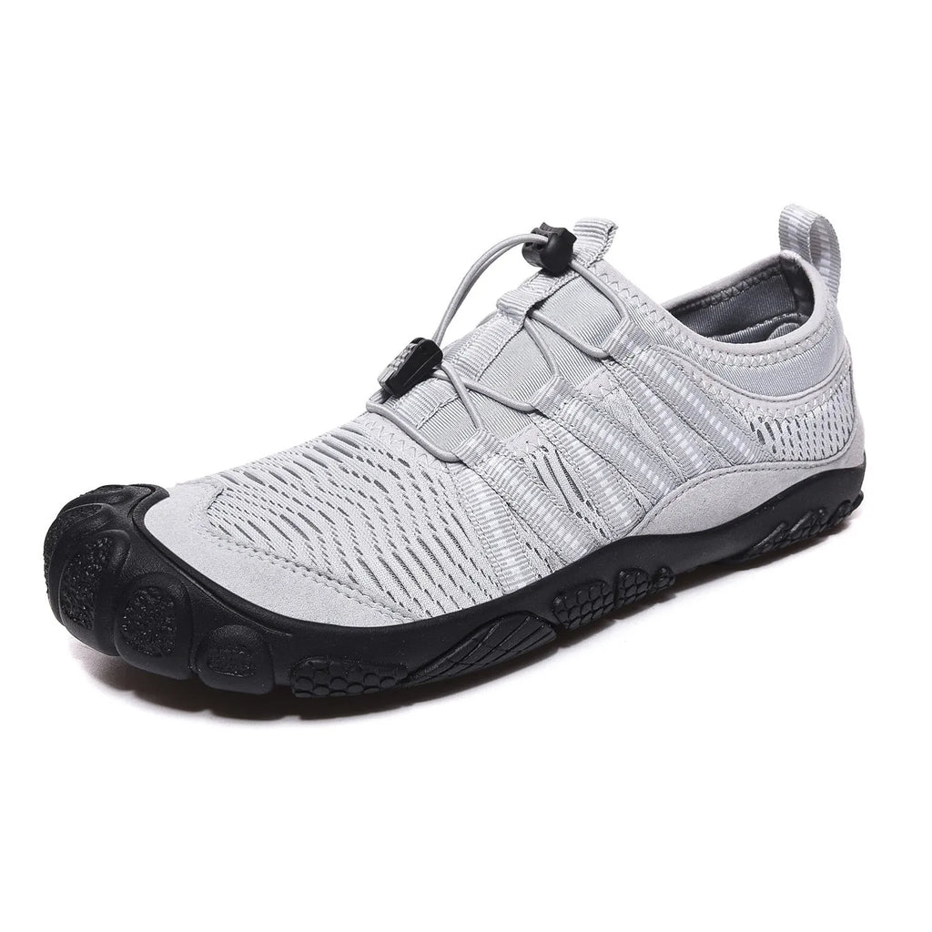 Cross border outdoor water shoes with elastic band, mesh upper, and rubber sole in black, grey, dark blue, or purple.