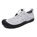 Cross border outdoor water shoes with elastic band, mesh upper, and rubber sole in black, grey, dark blue, or purple.