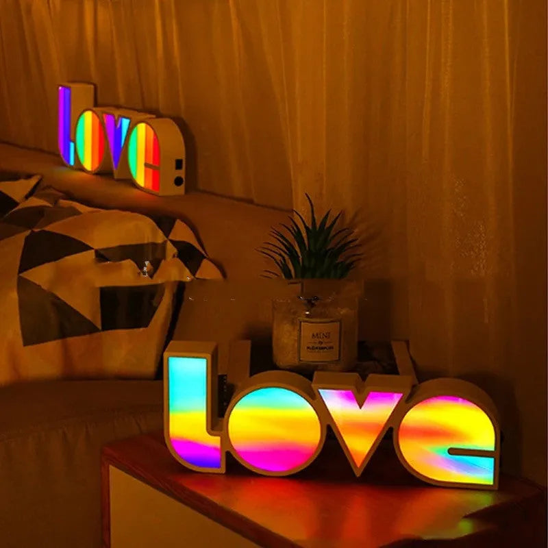 LOVE colourful LED letter light night light in PVC shell, purple red blue options, 36cm width, manual switch