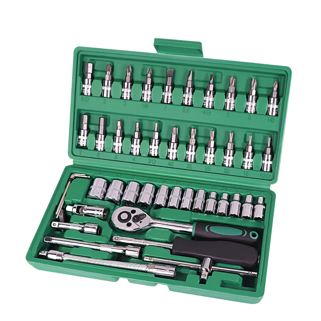 Green plastic case open to show a 46-piece alloy steel socket wrench set with metric sockets and L-shaped wrenches for car repair.