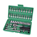 Green plastic case open to show a 46-piece alloy steel socket wrench set with metric sockets and L-shaped wrenches for car repair.