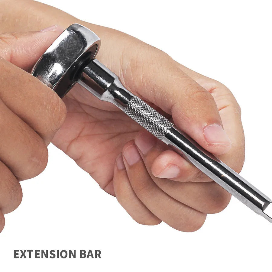Green plastic case open to show a 46-piece alloy steel socket wrench set with metric sockets and L-shaped wrenches for car repair.