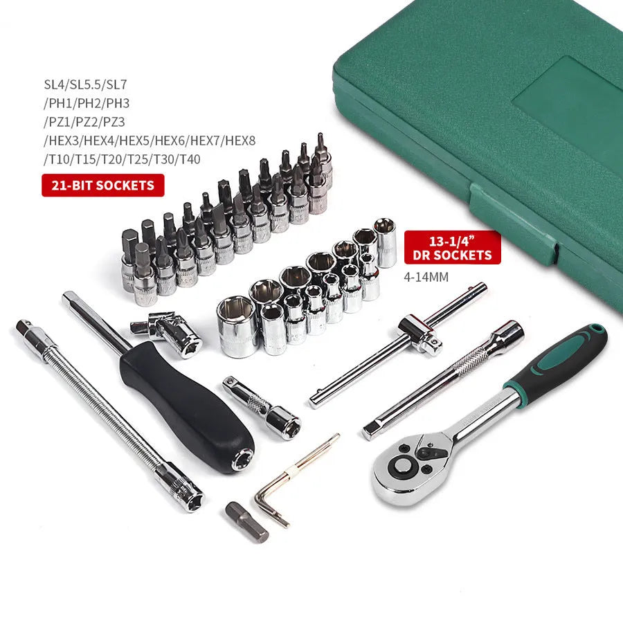 Green plastic case open to show a 46-piece alloy steel socket wrench set with metric sockets and L-shaped wrenches for car repair.