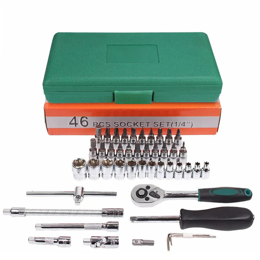 Green plastic case open to show a 46-piece alloy steel socket wrench set with metric sockets and L-shaped wrenches for car repair.
