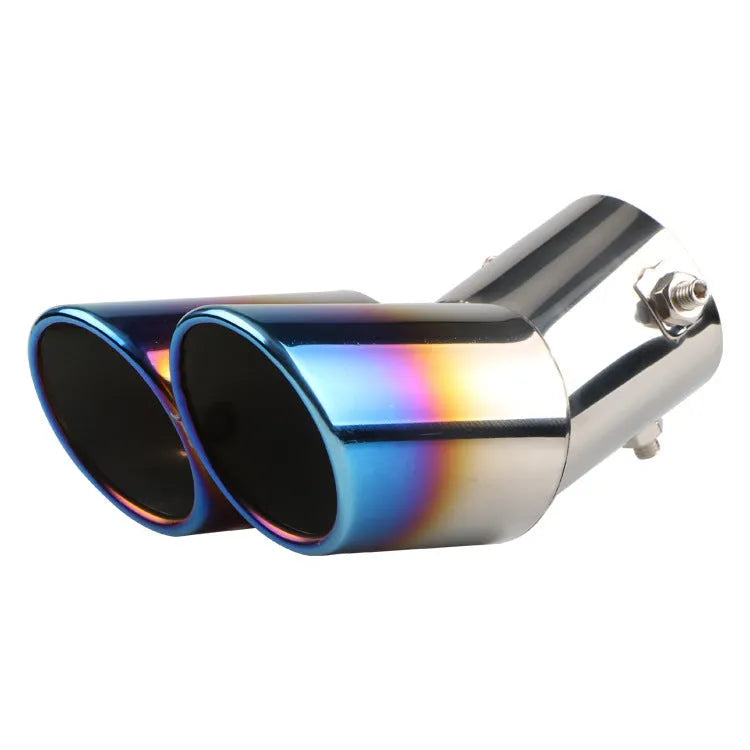 Stainless steel car exhaust tail throat with curved roasted blue bend, 63mm inlet, oblique mouth, 320g
