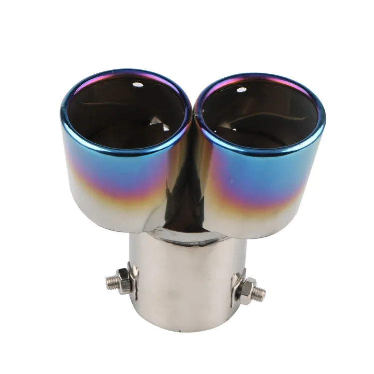 Stainless steel car exhaust tail throat with curved roasted blue bend, 63mm inlet, oblique mouth, 320g