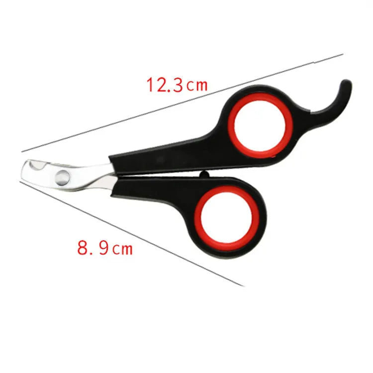 Pet nail clippers with stainless steel blade and black plastic handle for small animal nail trimming