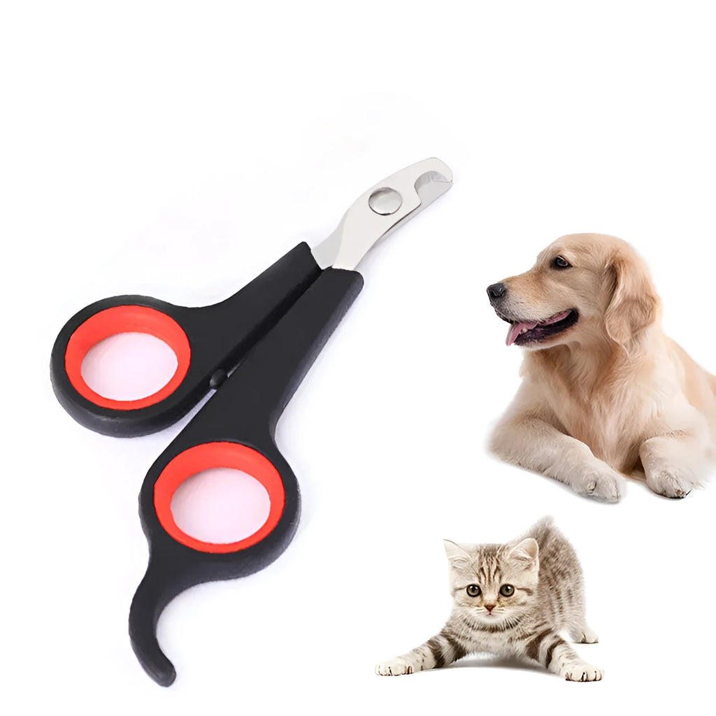 Pet nail clippers with stainless steel blade and black plastic handle for small animal nail trimming