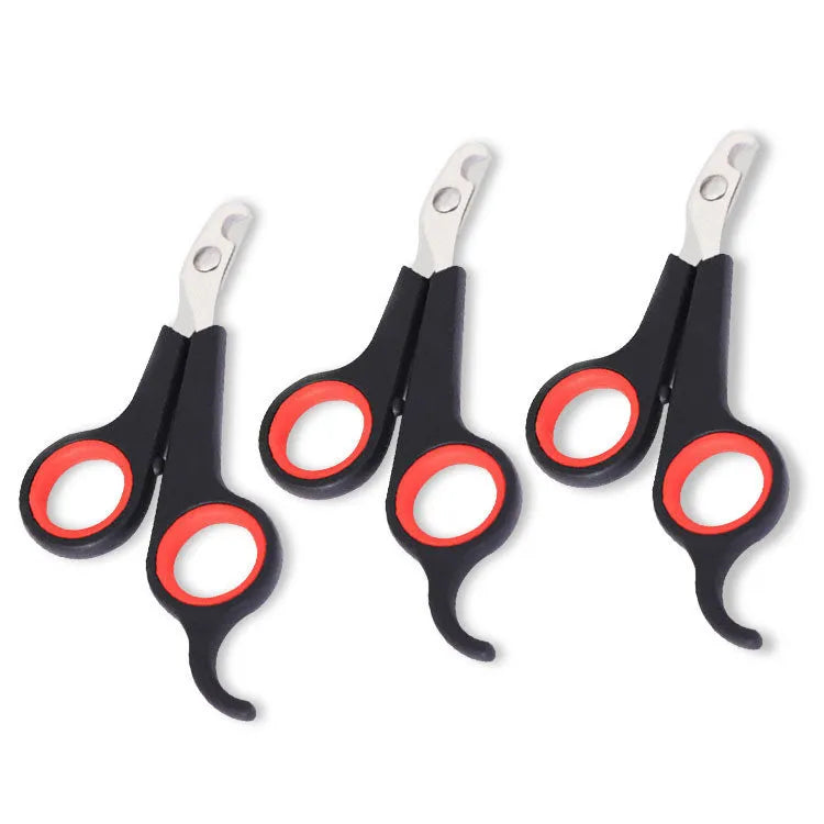 Pet nail clippers with stainless steel blade and black plastic handle for small animal nail trimming