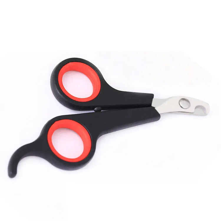 Pet nail clippers with stainless steel blade and black plastic handle for small animal nail trimming