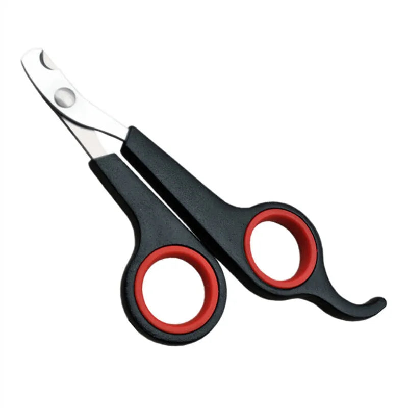 Pet nail clippers with stainless steel blade and black plastic handle for small animal nail trimming