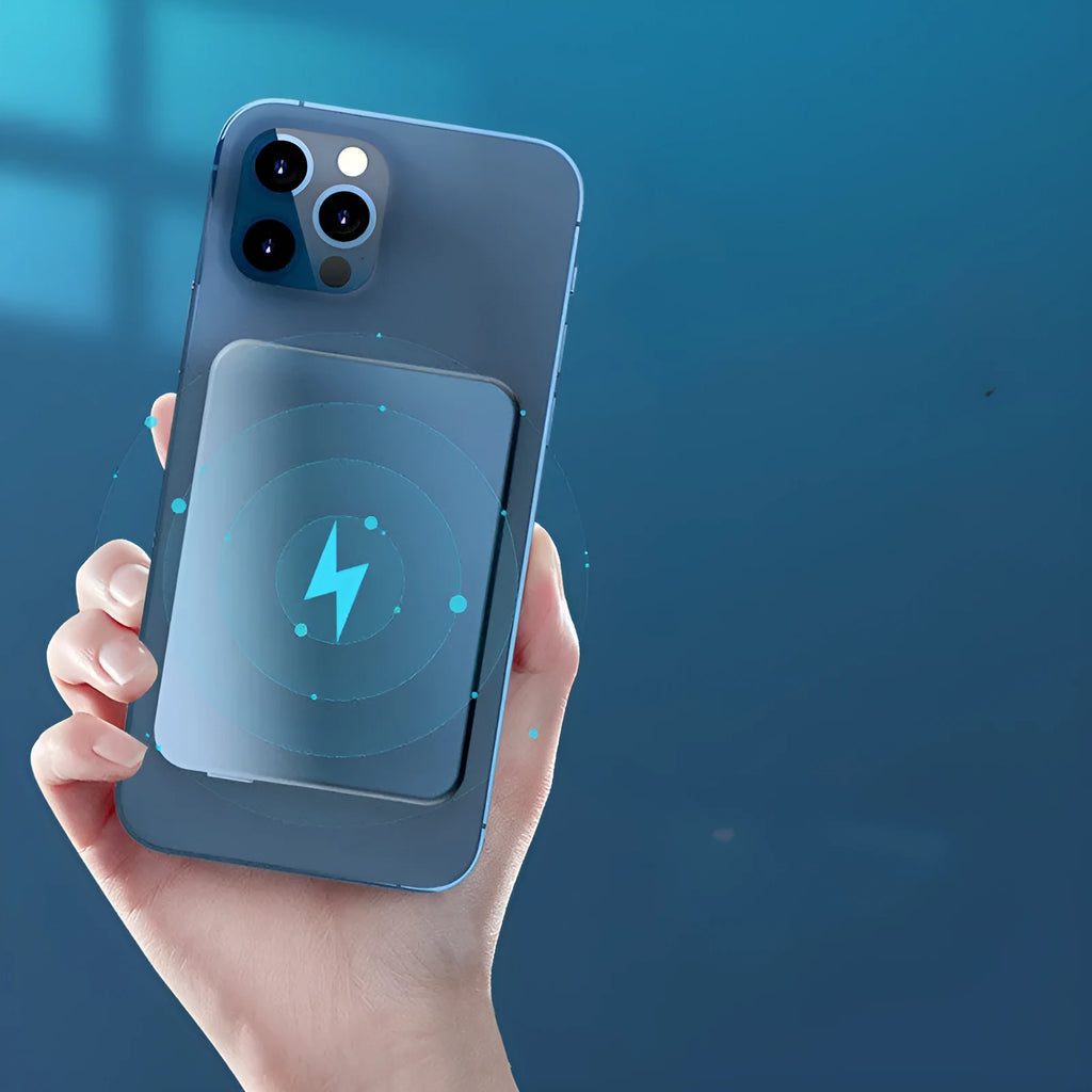 Silver aluminium wireless magnetic charging power bank showing USB-C port and compact size.